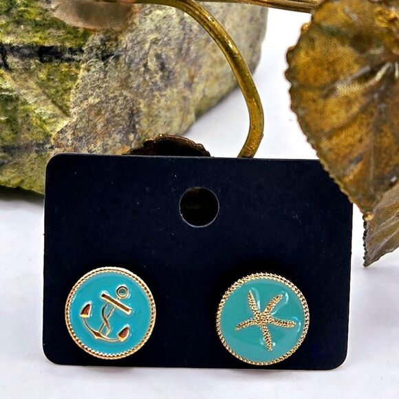 "5/$25" Turquoise Gold Tone Mismatched Nautical Ocean Theme Round Stud Earrings - Picture 1 of 6